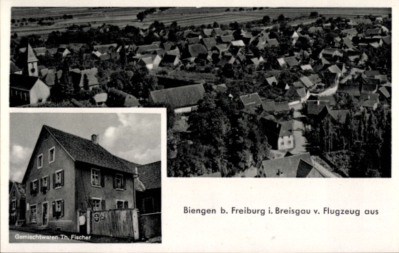 Postcard Biengen Bad Krotzingen, aerial view of Biengen, residential buildings, general store Th. Fischer