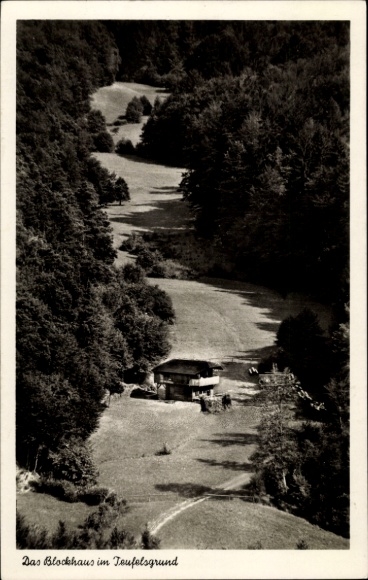 Postcard Omersbach Geiselbach in Lower Franconia, log cabin in Teufelsgrund