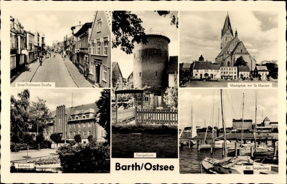 Postcard Barth on the Baltic Sea, market square with St. Marien, on the Seglersteg, Thälmannstraße, Fangelturm