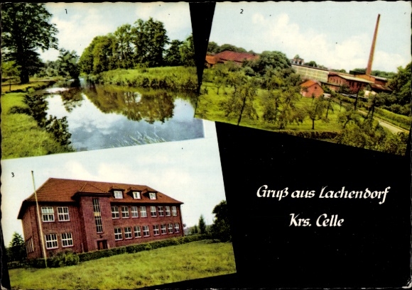 Postcard Lachendorf in Lower Saxony, Lachte Partie, paper factory, school