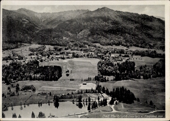 Postcard Bad Heilbrunn in Upper Bavaria, landscape photo, mountains, meadows, pond, village in the valley