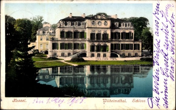 Postcard Kassel in Hesse, Wilhelmsthal Castle, water reflection,