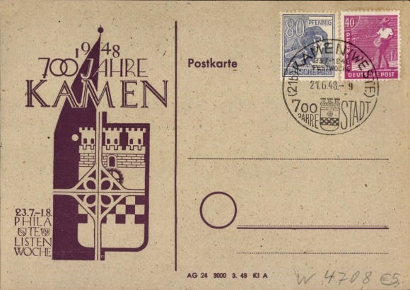 Coat of arms Postcard Kamen in Westphalia, 700th anniversary 1948, Philatelists Week