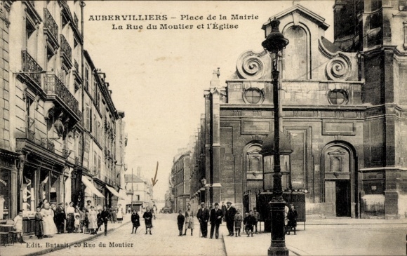Ak Aubervilliers Seine Saint Denis,  Place de la Mairie, Rue du Moutier, Kirche