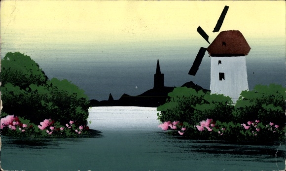 Hand-painted Postcard river, windmill on the water, church