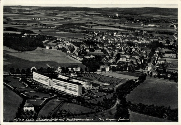 Postcard Hof an der Saale Upper Franconia Bavaria, aerial view of the Münsterviertel, city hospital, landscape