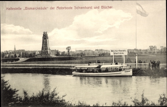 Postcard stop Bismarcksäule, motor boats Scharnhorst and Blücher