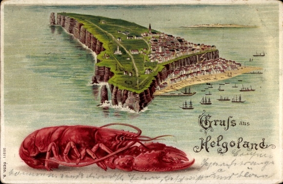Chromo-Litho Helgoland in Schleswig Holstein, total view of the island, lobster