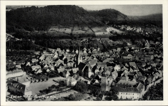 Postcard Zeil am Main Lower Franconia, aerial view of churches, old town, mountain landscape