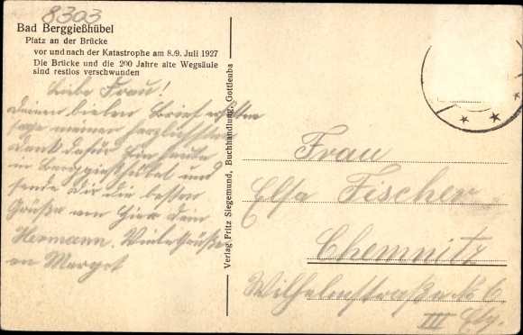 KP Berggiesshübel w Saksonii, miejsce przy moście, przed i po katastrofie 8./9. lipiec 1927 r