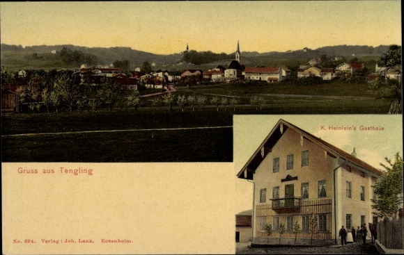 Postcard Tengling Taching am See Oberbayern, panorama, inn by K. Heinlein