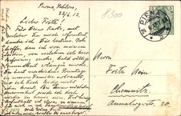 Postcard Pirna in Saxony, saloon steamer, seminar, Peace Park, Sonnenstein Castle, Obermarkt, monument