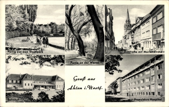 Ak Ahlen in Münsterland Westfalen, treinstation, Franziskus-ziekenhuis, Oststrasse, stadspark
