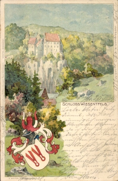 Artist Postcard Wiesentfels Hollfeld in Franconian Switzerland, castle, coat of arms