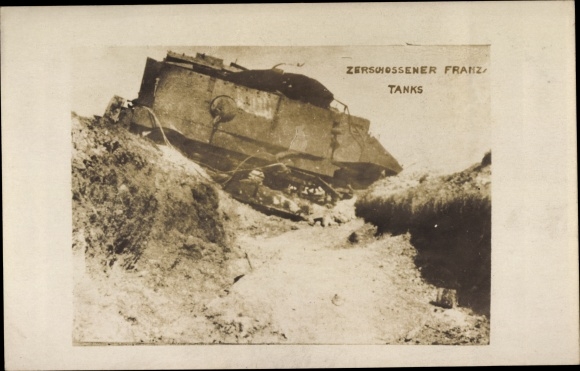 Photo Postcard shot French tank, Panzer, I WW