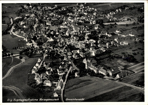 Postcard Herzogenaurach in Franconia Bavaria, Liebfrauenhaus, aerial view of the city, general view, many