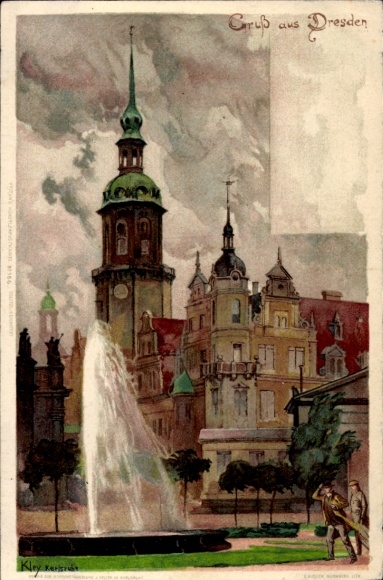 Artist Postcard Kley, Heinrich, Dresden Old Town, Royal Palace, Fountain