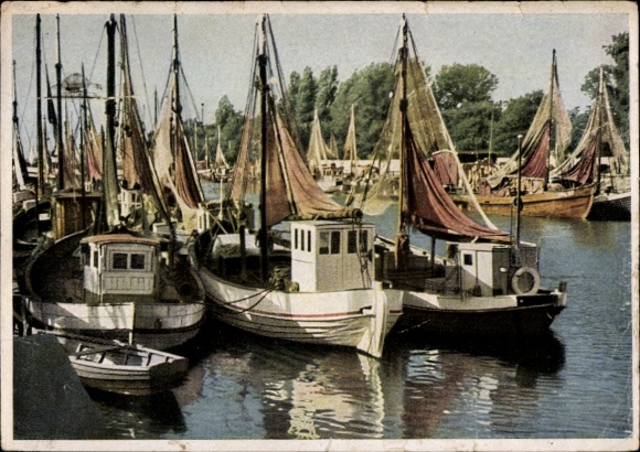 Postcard Warnemünde Rostock in Mecklenburg, on the river, sailing boats