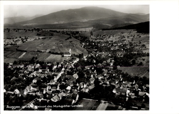 Auggen in Baden, aerial view of wine village, church, rural surroundings