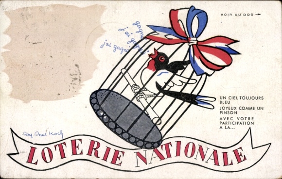 Artist Postcard Loterie Nationale, bird in cage, thermochromic