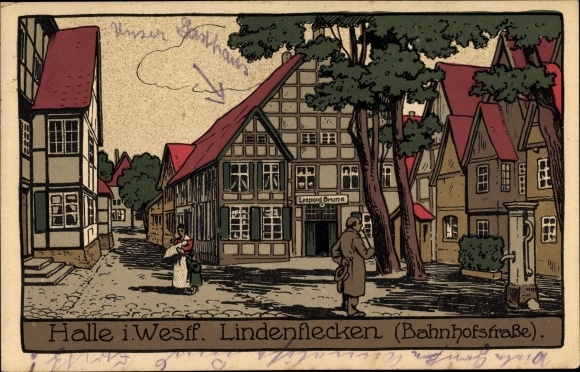 Steindruck Ak Halle Westfalen, Gasthaus Leopold Brune, Lindenflecken, Blick in die Bahnhofstraße