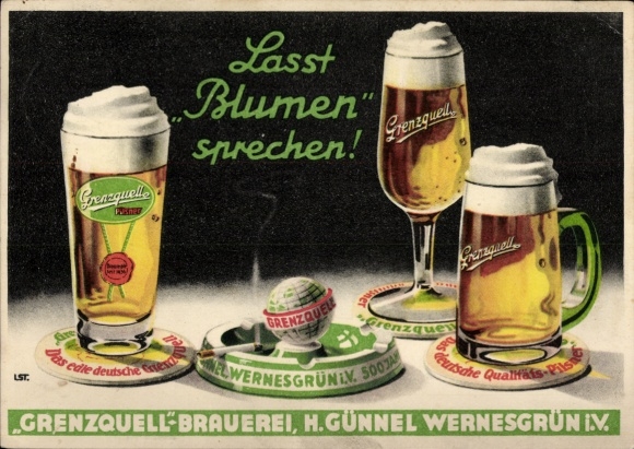 Postcard Let flowers speak, beer glasses, advertising, Grenzquell Brewery Wernesgrün, H. Günnel