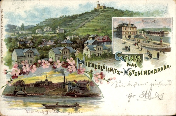 Litho Niederlössnitz Kötzschenbroda Radebeul in Sachsen, Bahnhof, Dampfschiff Landungsplatz