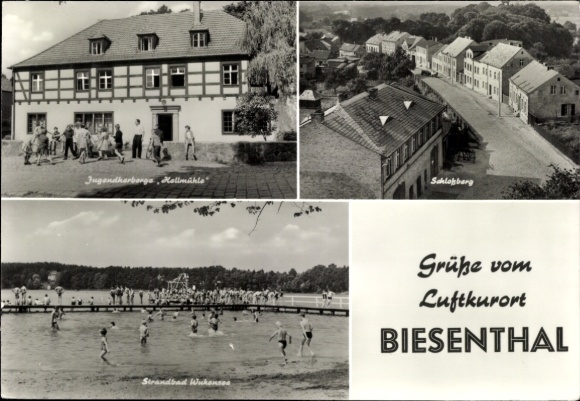 Postcard Biesenthal in der Mark, youth hostel, Wukensee beach, Schlosberg, greetings from the climatic health resort