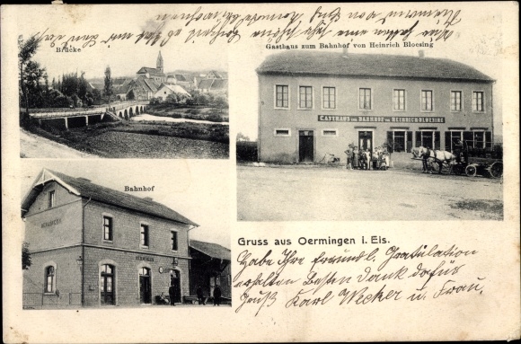 Postcard Oermingen Örmingen Alsace Bas-Rhin, train station, inn, bridge