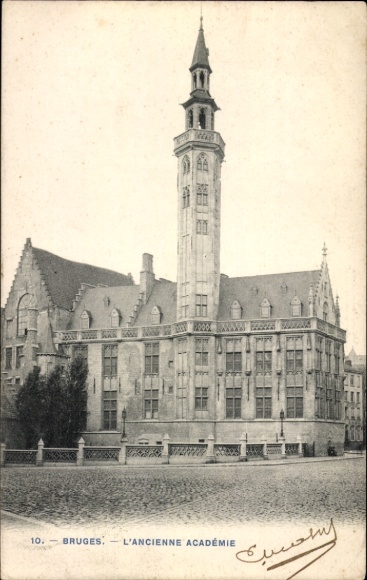 Ak Bruges Brügge Flandern Westflandern,  alte Akademie, schwarz-weiß, Turm,  Architektur