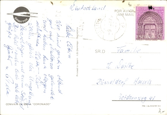 Postcard Spanish passenger aircraft of Spantax, Convair CV 990 A Coronado