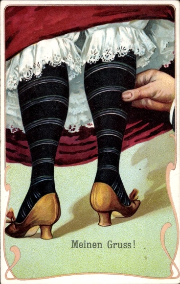 Jugendstil Litho Meinen Gruß, Frauenbeine, Strümpfe, Mann kneift Frau in die Wade