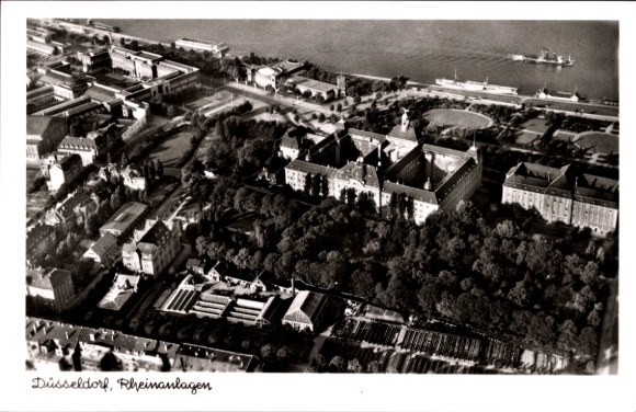 Postcard Düsseldorf am Rhein, aerial photograph, Rhine facilities