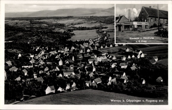 Postcard Wernau am Neckar, aerial photograph, bakery by E. Frey