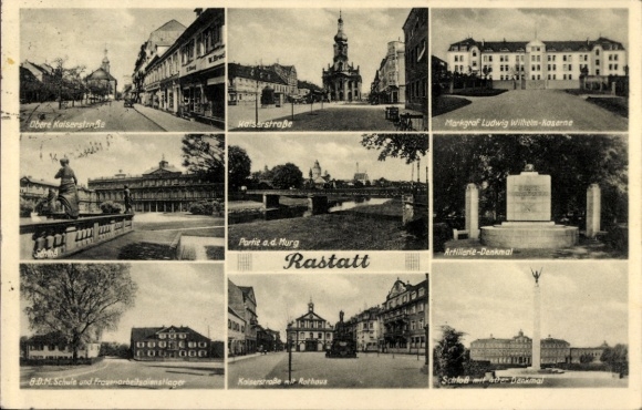 Ak Rastatt im Schwarzwald Baden, Rathaus, Ehrenmal, Murg, Kaiserstraße