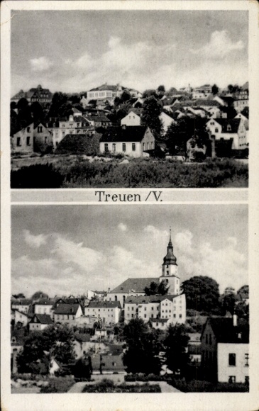 Postcard Treuen im Vogtland, city view, building, tower, photography