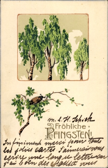 Chromo-Litho Congratulations Pentecost, May beetle, birch