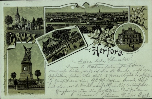 Mondschein Litho Herford in Westfalen, Schützenhof, Post, Münsterkirche, Kriegerdenkmal, Bahnhof