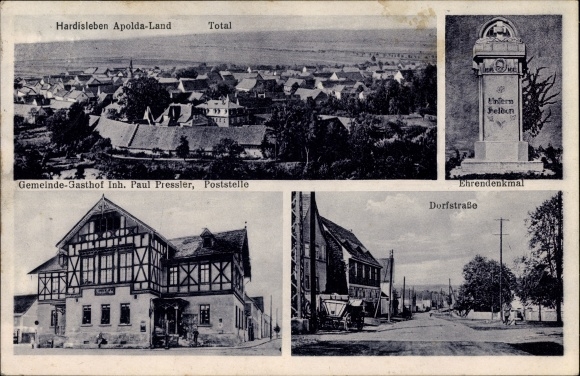 KP Hardisleben Turyngia, widok całkowity, karczma Paul Pressler, pomnik honorowy, Dorfstraße