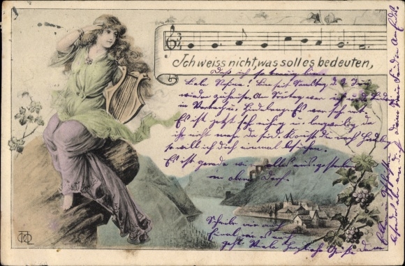 Song Postcard I don&#39;t know what it&#39;s supposed to mean, Loreley with hand harp