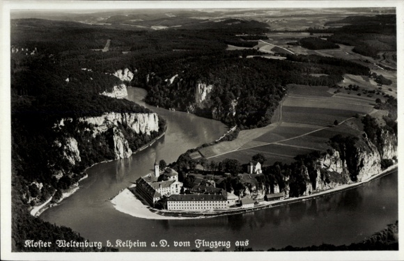 Postcard Kelheim an der Donau Lower Bavaria, Weltenburg Monastery, aerial photograph