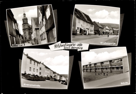 Postcard Mömlingen in the Odenwald of Lower Franconia, street section, church, Kirchrainstrasse, school