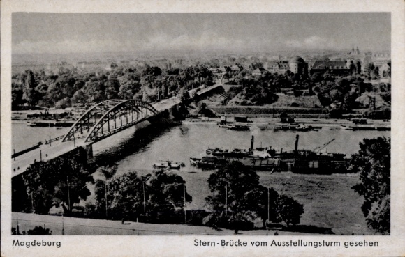 Postcard Magdeburg on the Elbe, general view, Stern Bridge, seen from the exhibition tower