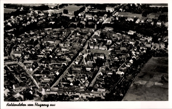 Postcard Haldensleben Saxony Anhalt, aerial photograph of black and white, houses and streets