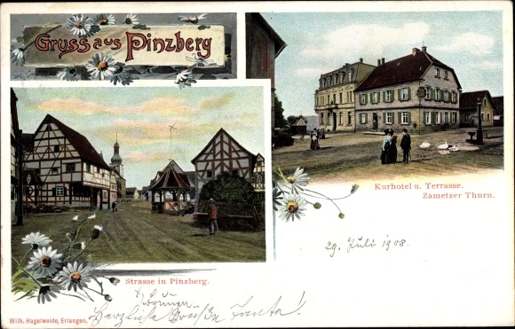 KP Pinzberg w Górnej Frankonii, ulica, hotel uzdrowiskowy, taras, Zameter Thurn