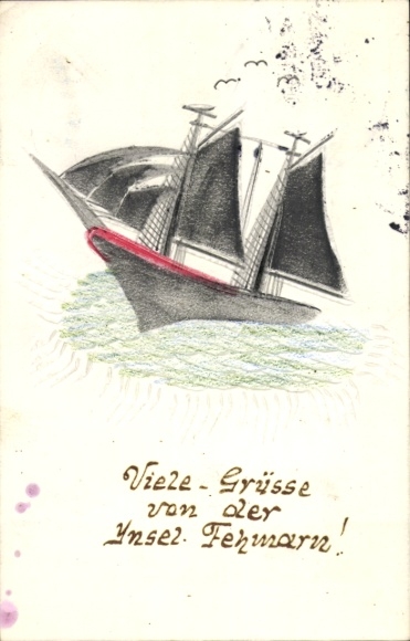 PC Island of Fehmarn Ostholstein, ship, water, greeting card, artistic representation, handwritten