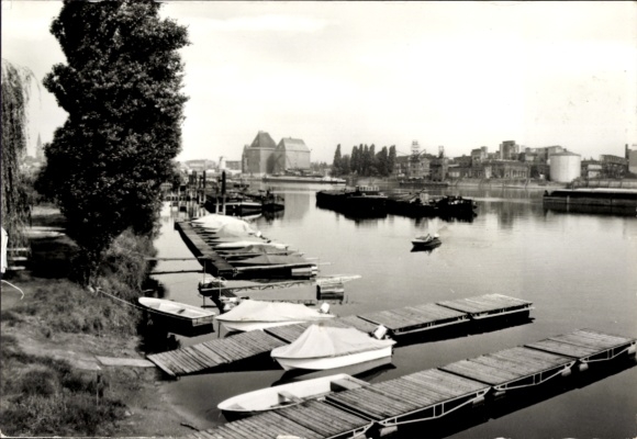 Postcard Wittenberge on the Elbe Prignitz, harbor with jetty, boats, water, industry in the background