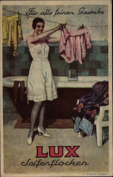 PC Lux soap flakes, woman in slip hanging up laundry, advertisement, Sunlicht Gesellschaft AG