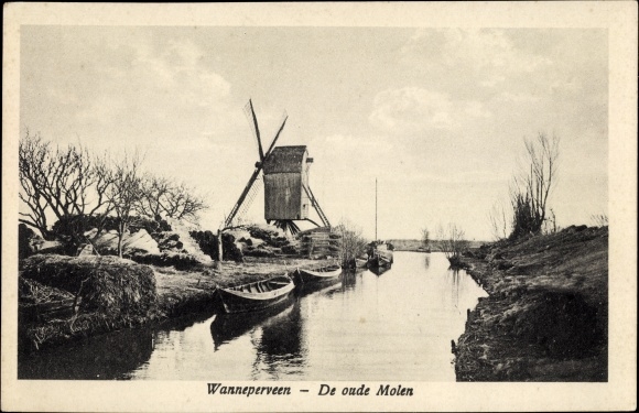 Postcard Wanneperveen Overijssel, The old mill, boats