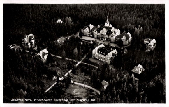 Postcard Schierke Wernigerode in the Harz Mountains, aerial photograph, villa colony Barenberg, forest, old villas